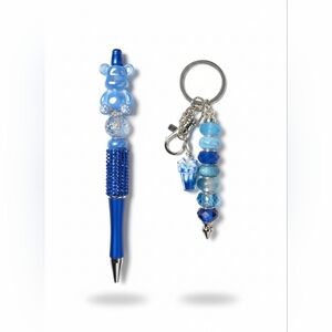 Blue Bear Charm Glam Beaded Pen and Keychain Set Rhinestone